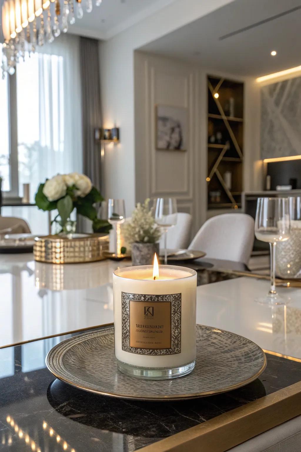 Metallic-accented candle labels for a touch of luxury.