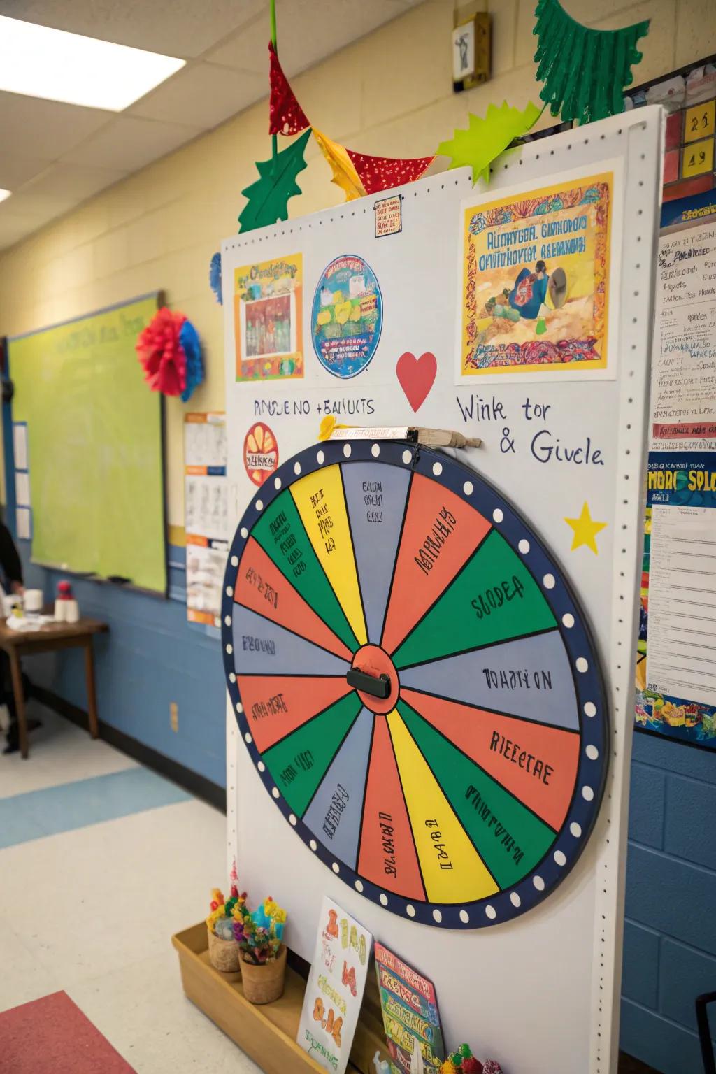 An interactive spin-the-wheel game invites engagement and fun on the carnival board.