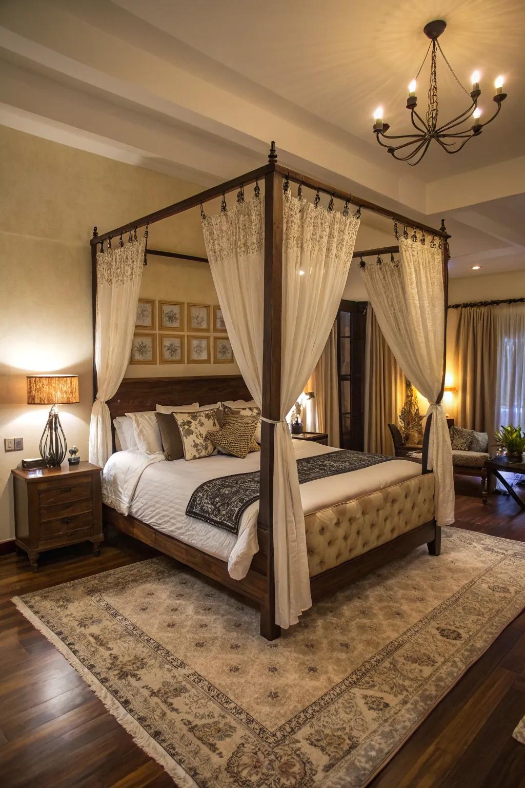 Unusual decor elements like a canopy bed redefine bedroom style.