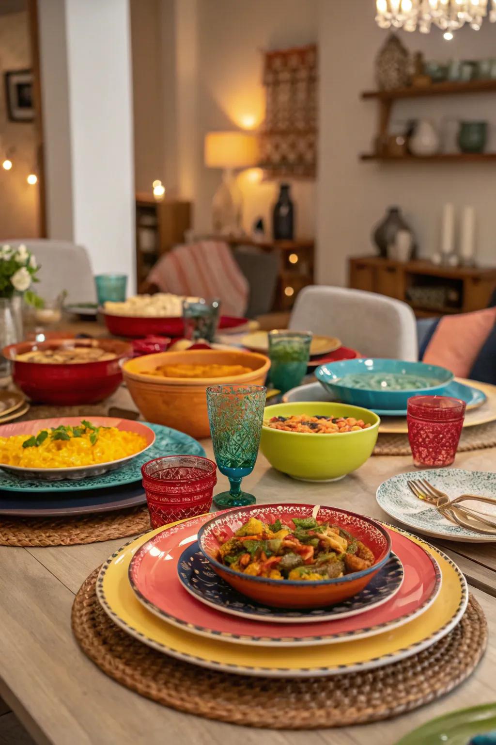 A colorful potluck with a variety of vibrant dishes.