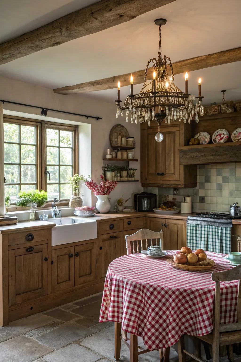 A statement chandelier adds elegance to the dining space.