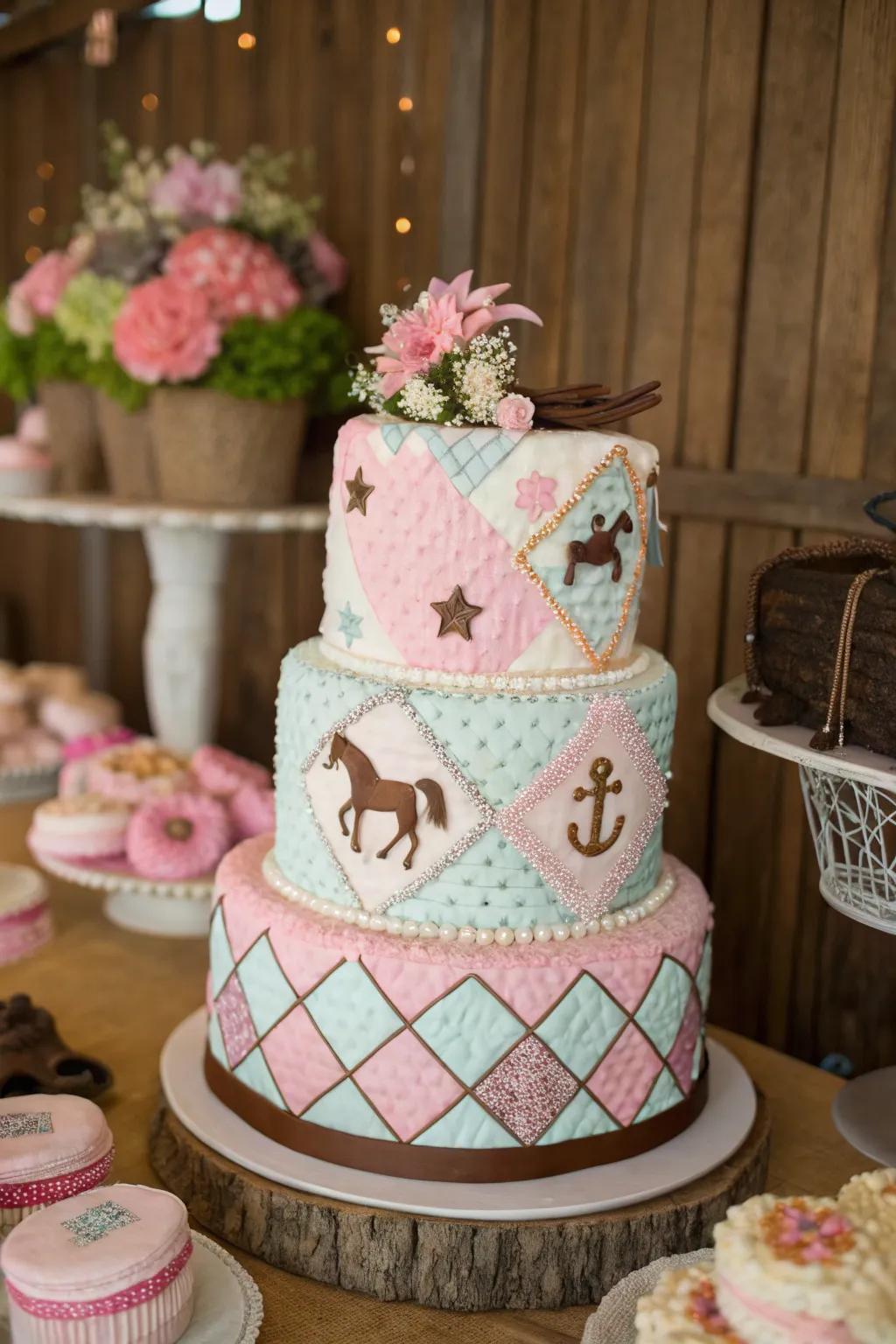 A patchwork quilt design adds texture and warmth to this cowgirl baby shower cake.