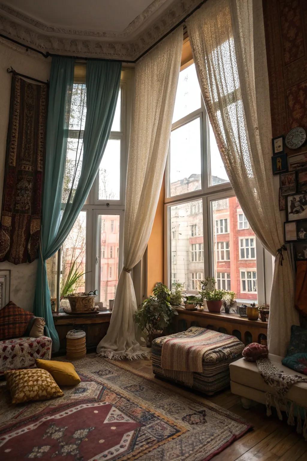 Mixing textiles can fashion a personalized and eclectic window dressing design.
