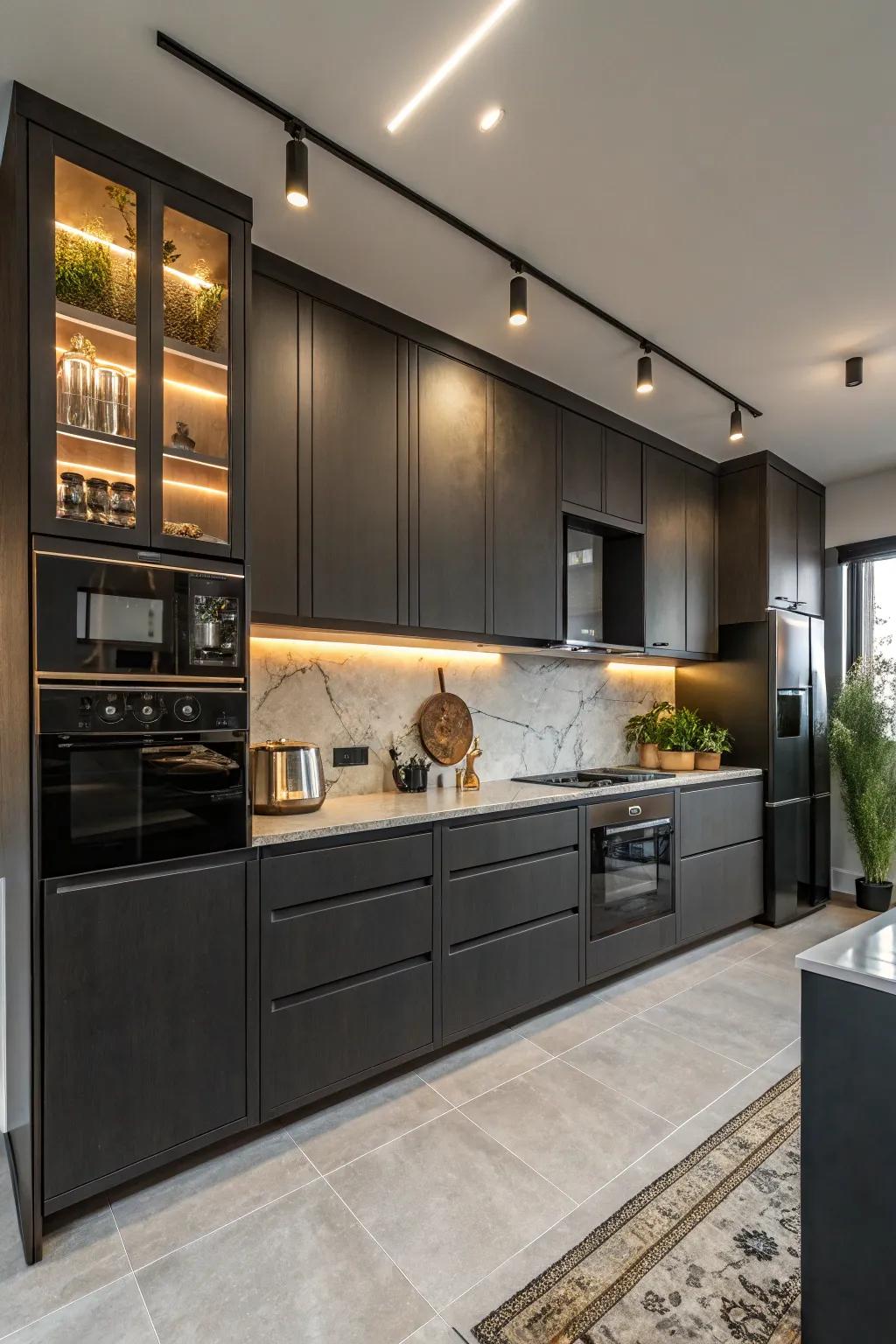 Matte finish on dark cabinets exudes modern sophistication.