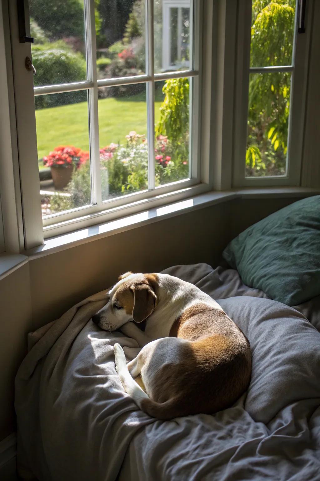 A canine nook with a garden vista, offering serenity and a hint of nature with gentle bedding.