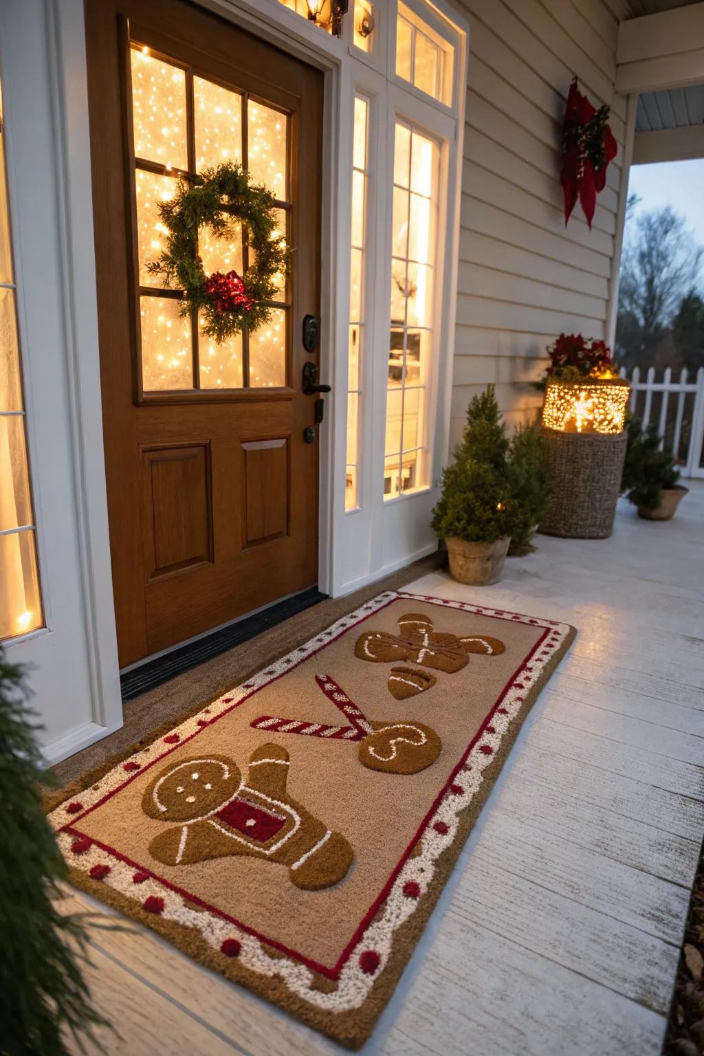 A gingerbread-themed door mat completes the festive entrance.