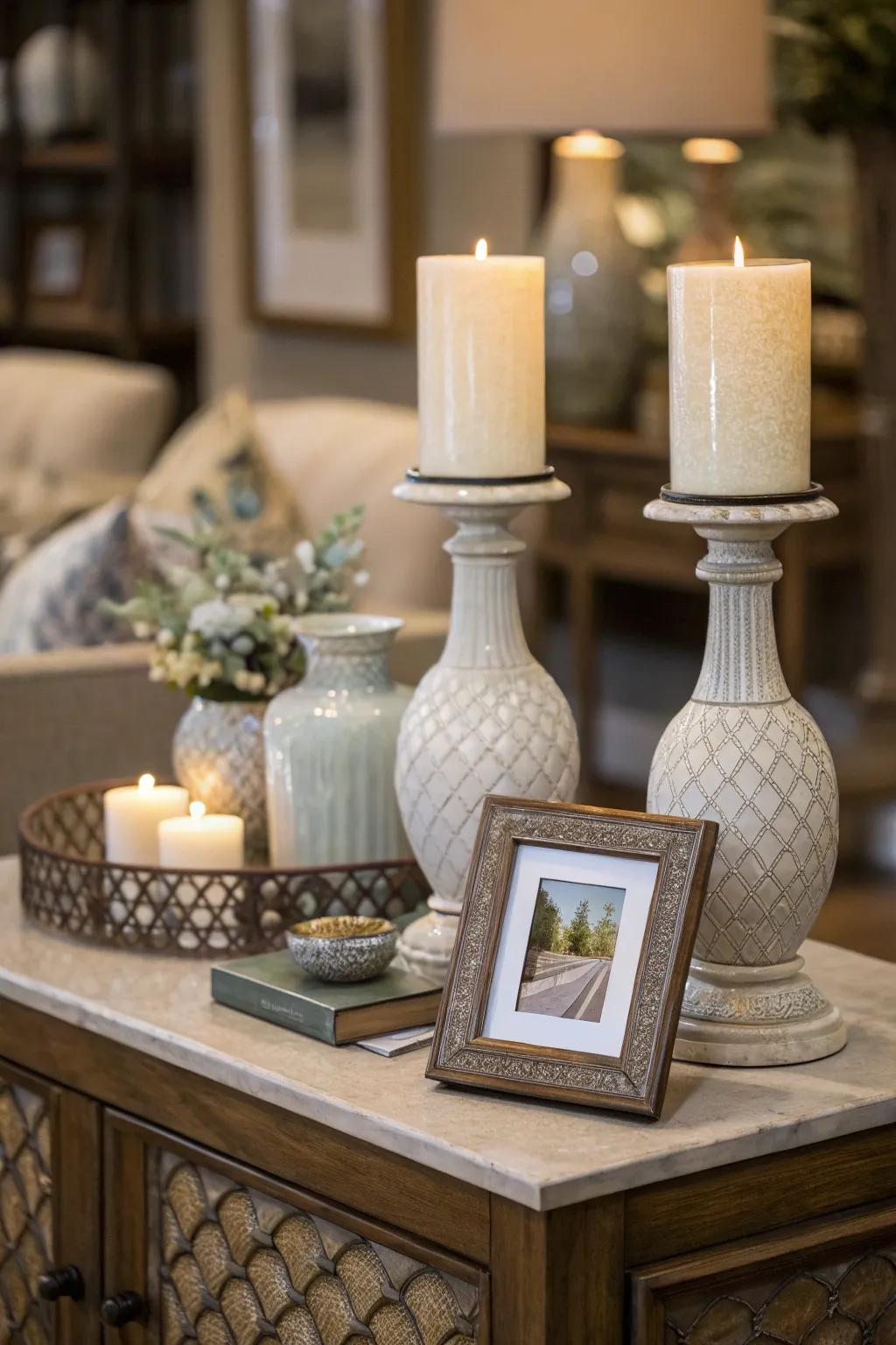 Symmetrical arrangements bring balance to an end table.