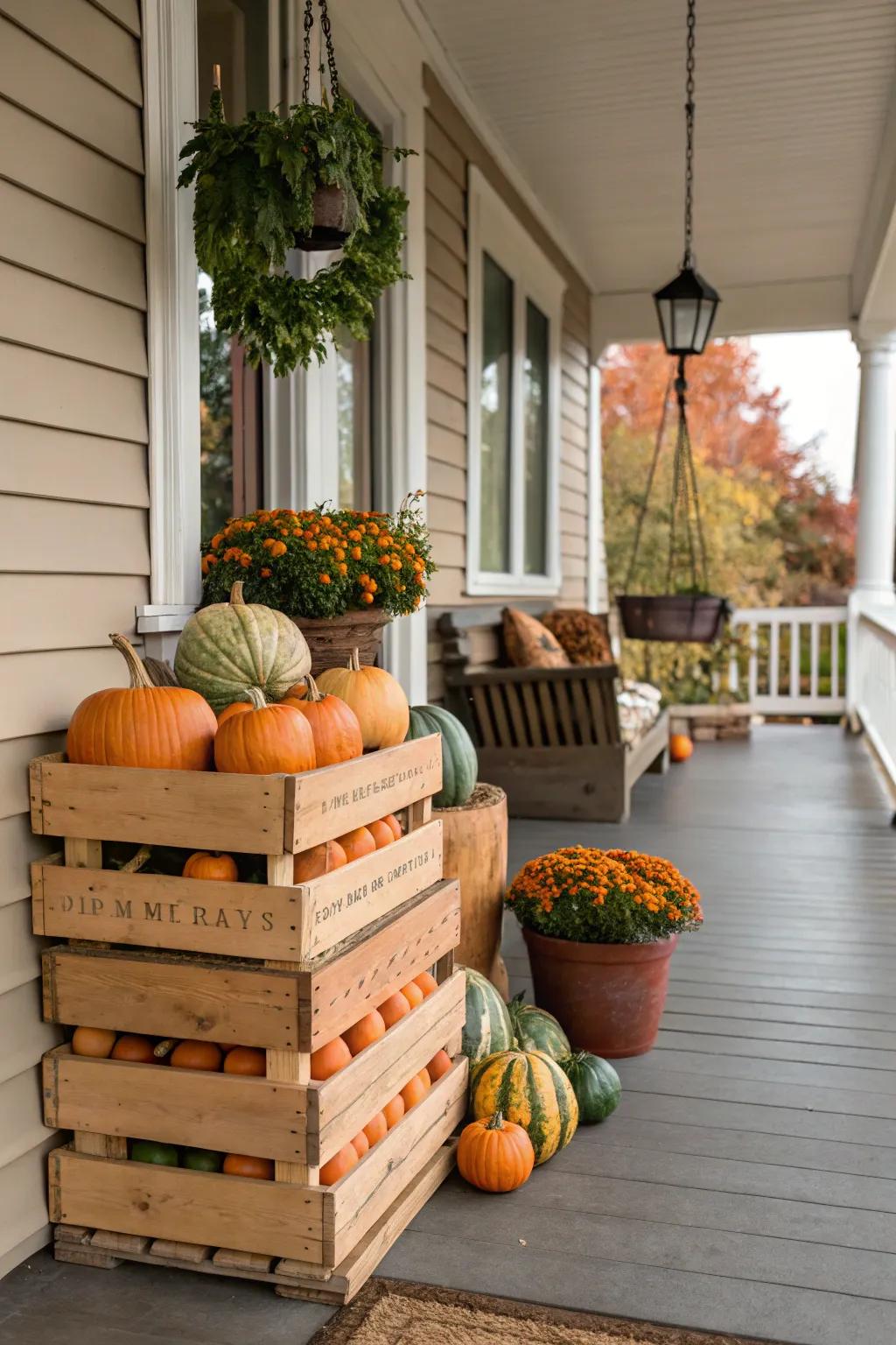 Fruit containers filled with autumn goodies create a charming harvest display.