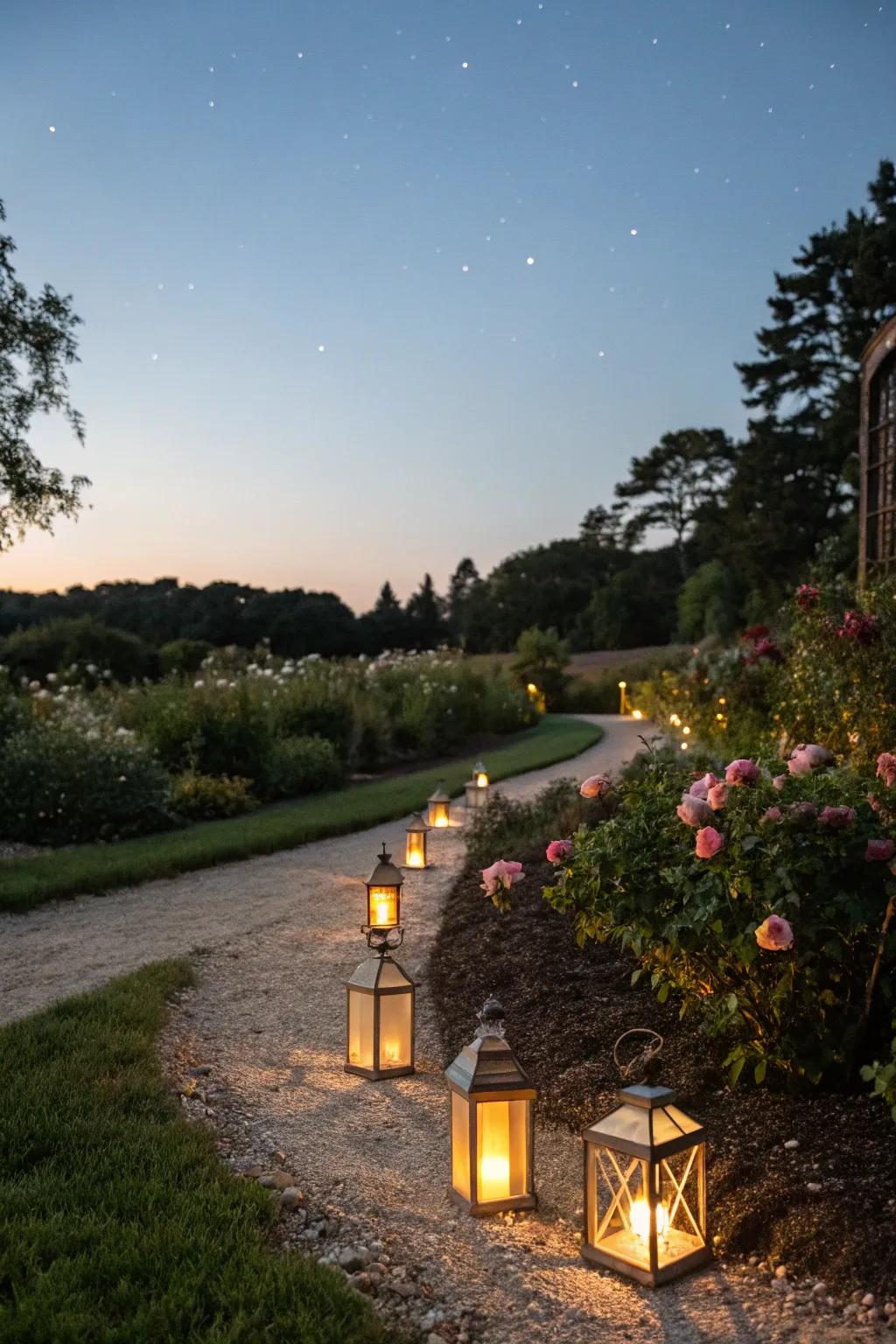 Lanterns light up garden paths beautifully.