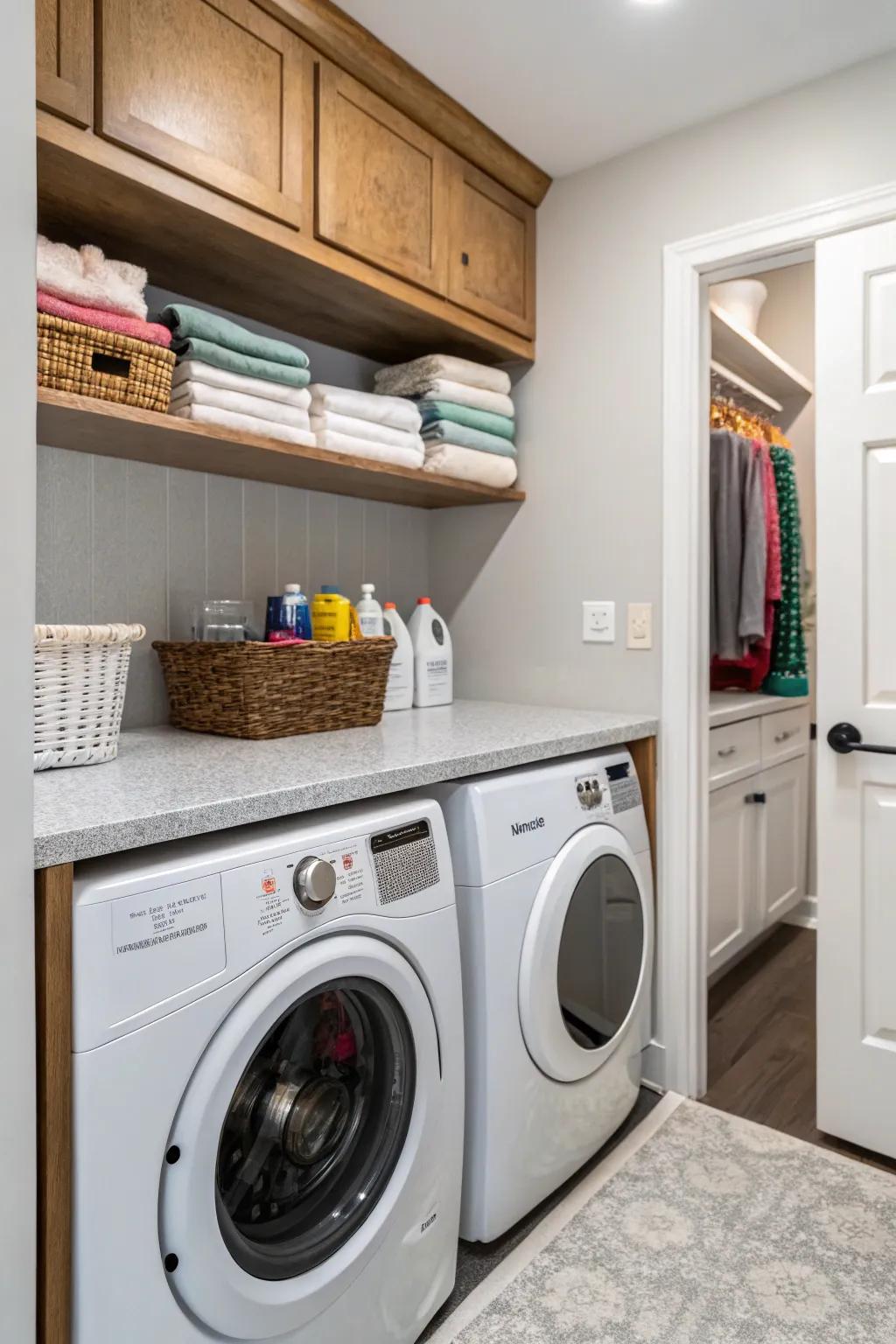 A functional countertop adds practicality to this stylish farmhouse laundry room.