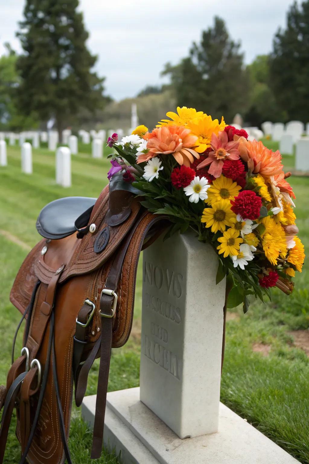 A headstone saddle showcasing vibrant floral arrangements.