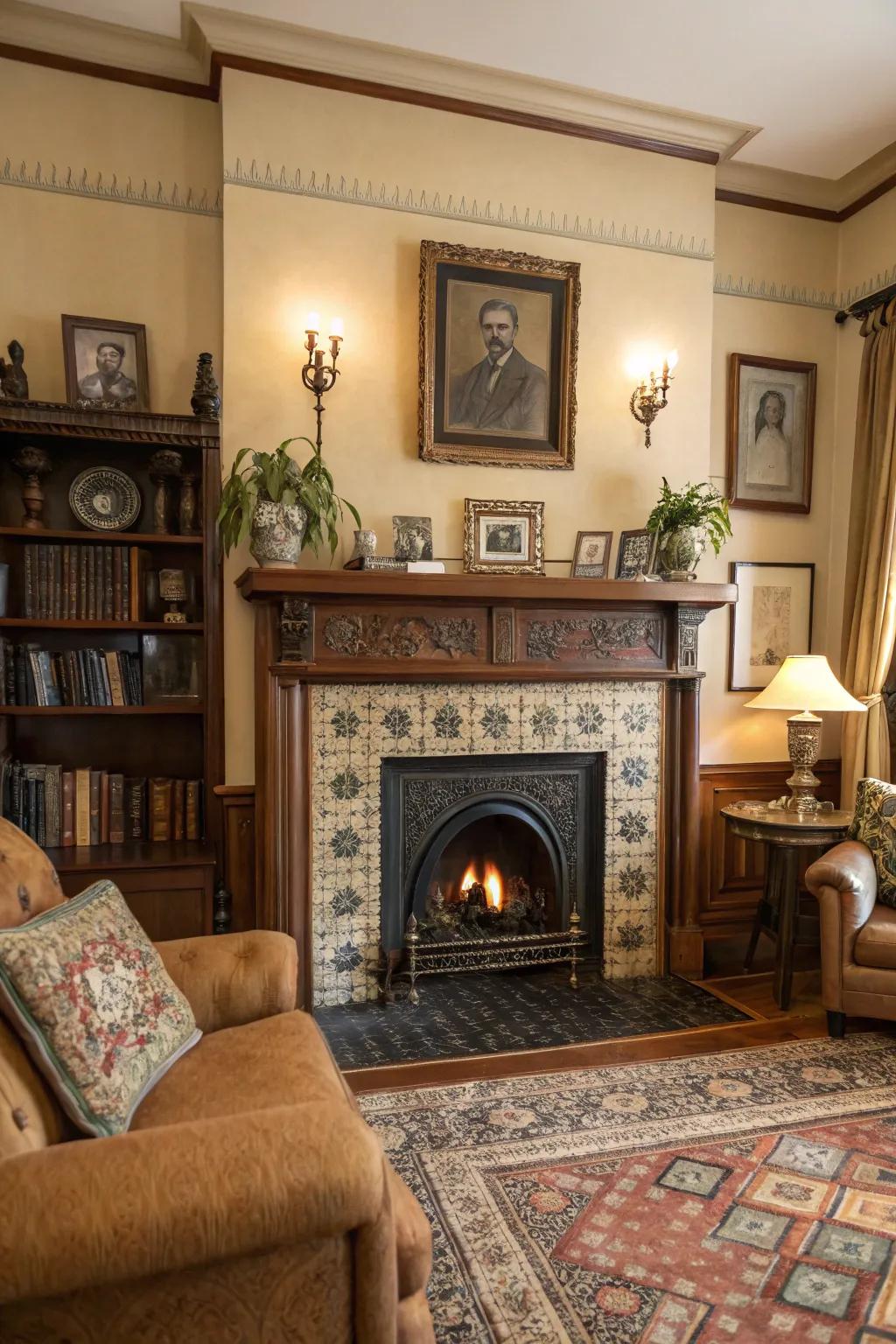 A vintage-inspired living area featuring an antique-style central fireplace.