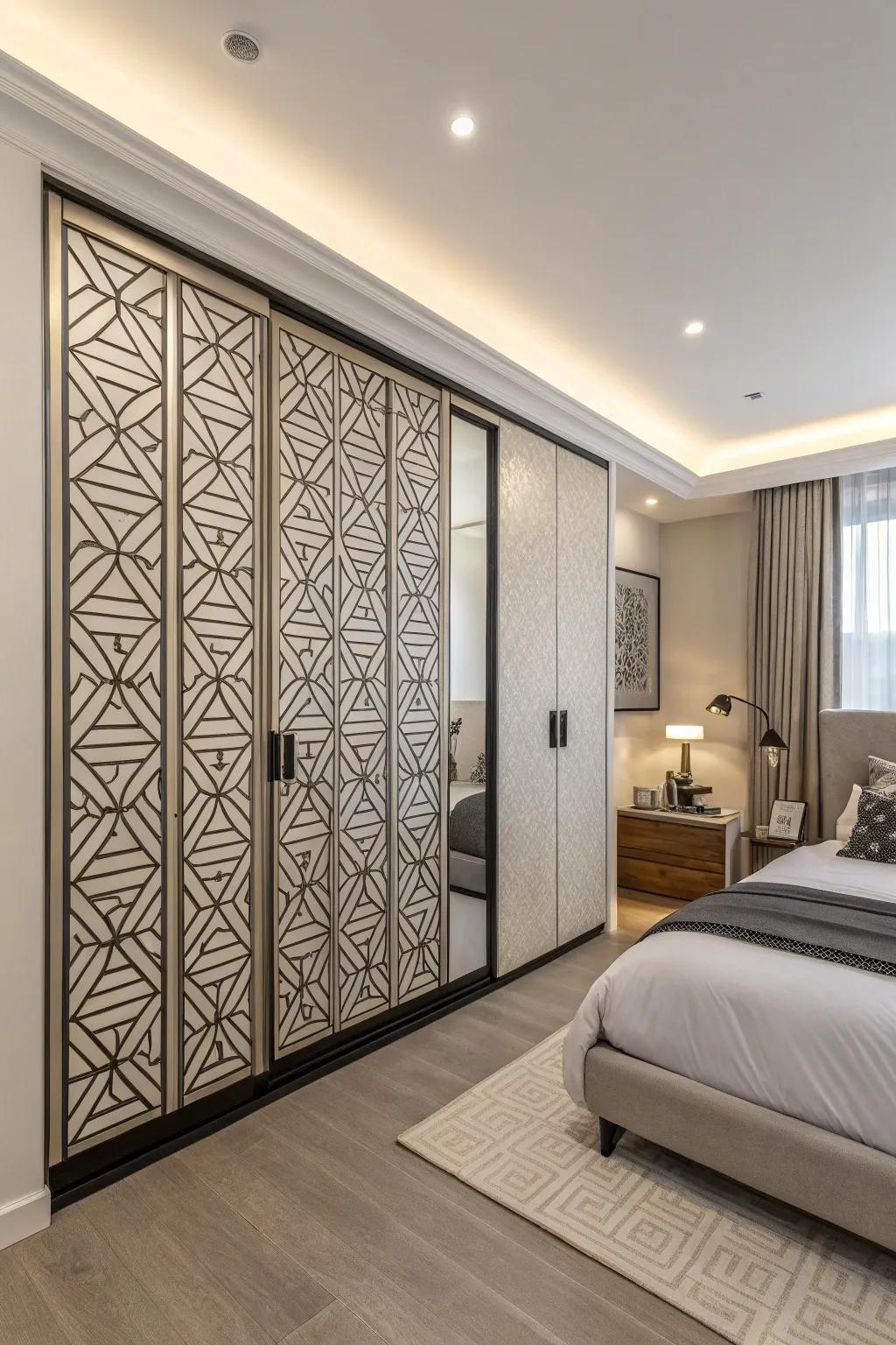 Geometric patterns introduce a modern flair to closet doors.