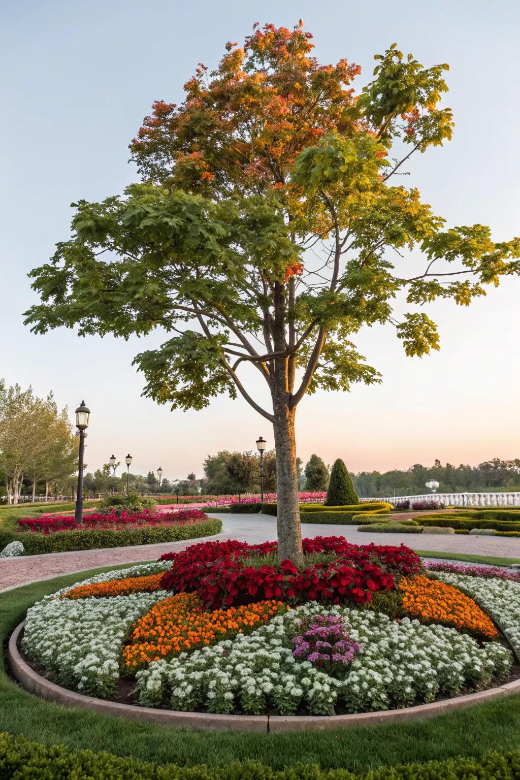 A themed flower plot fashions a customized sanctuary encircling this tree.