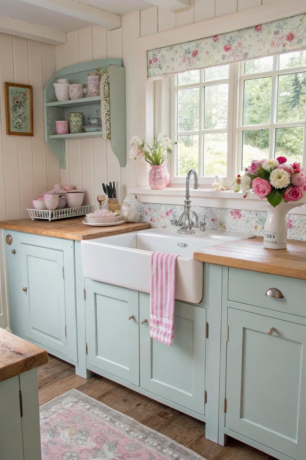 A cottage-style kitchen with soft pastel hues and a charming free standing sink.