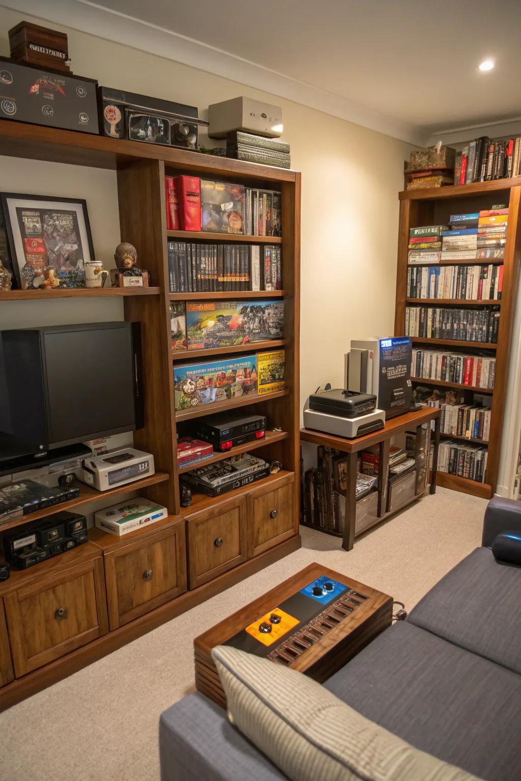 With bookcase displays, you can add style and storage to your gaming area.