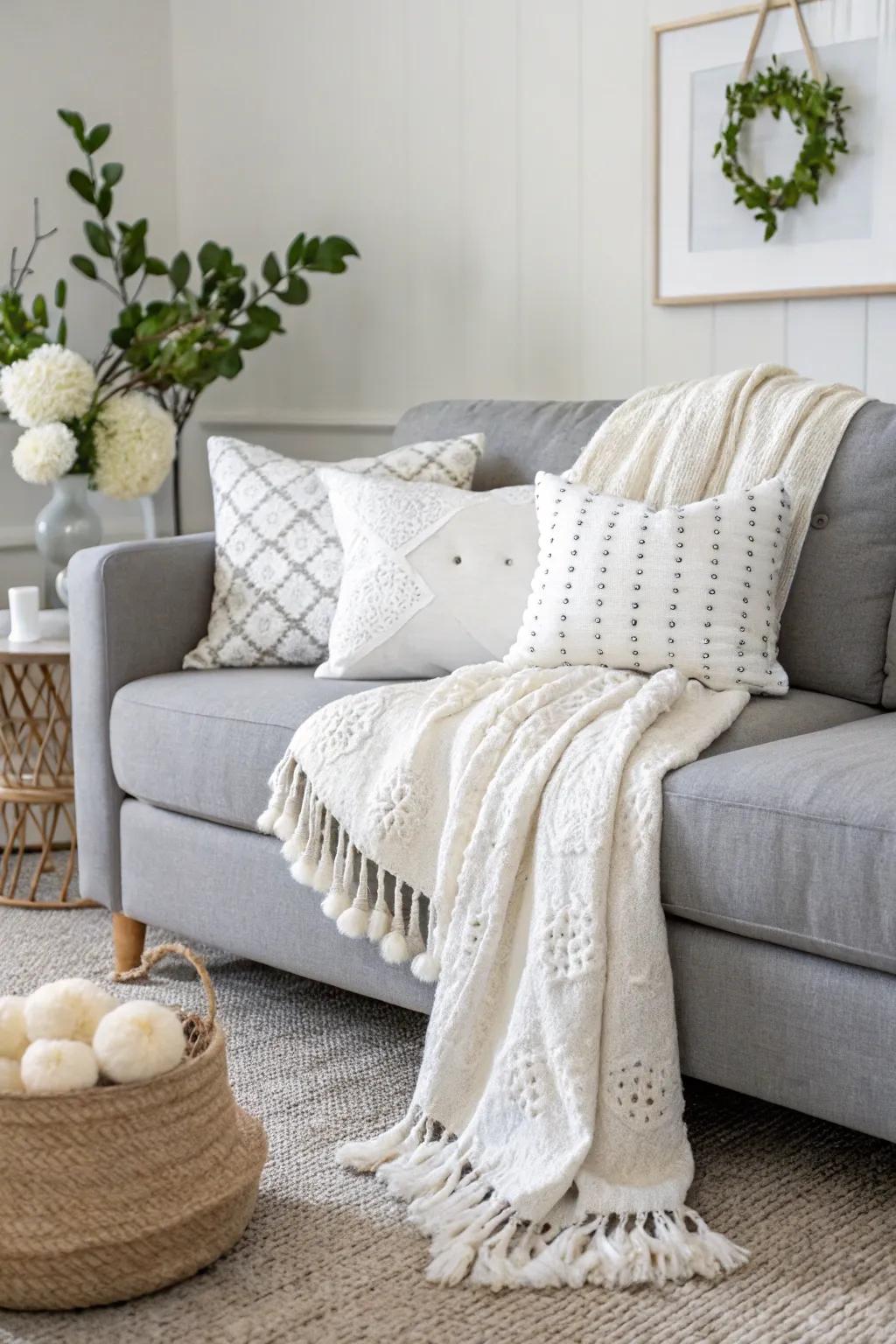 White elements brighten up a room featuring a grey couch.