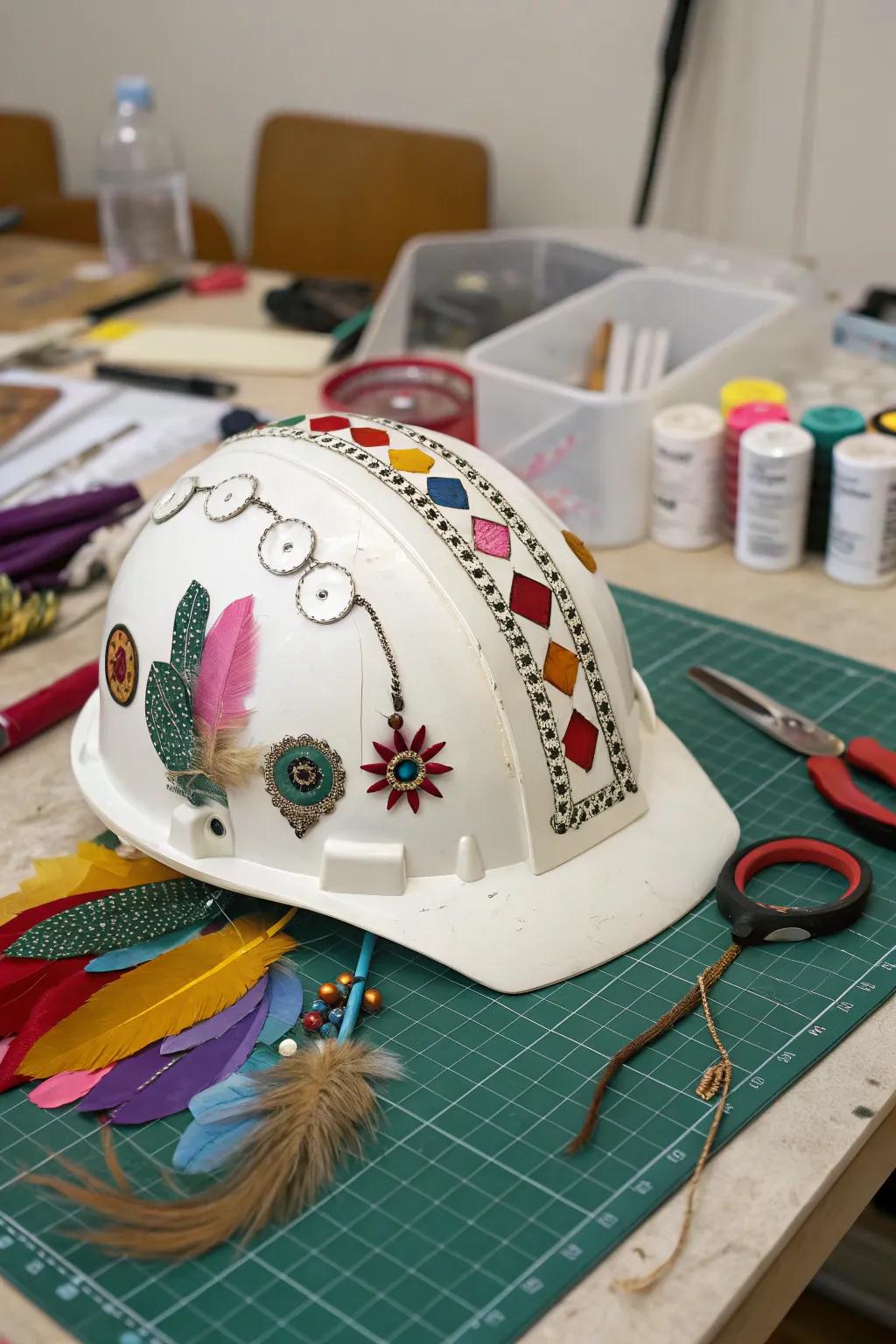 A safety helmet creatively decorated with recycled materials.