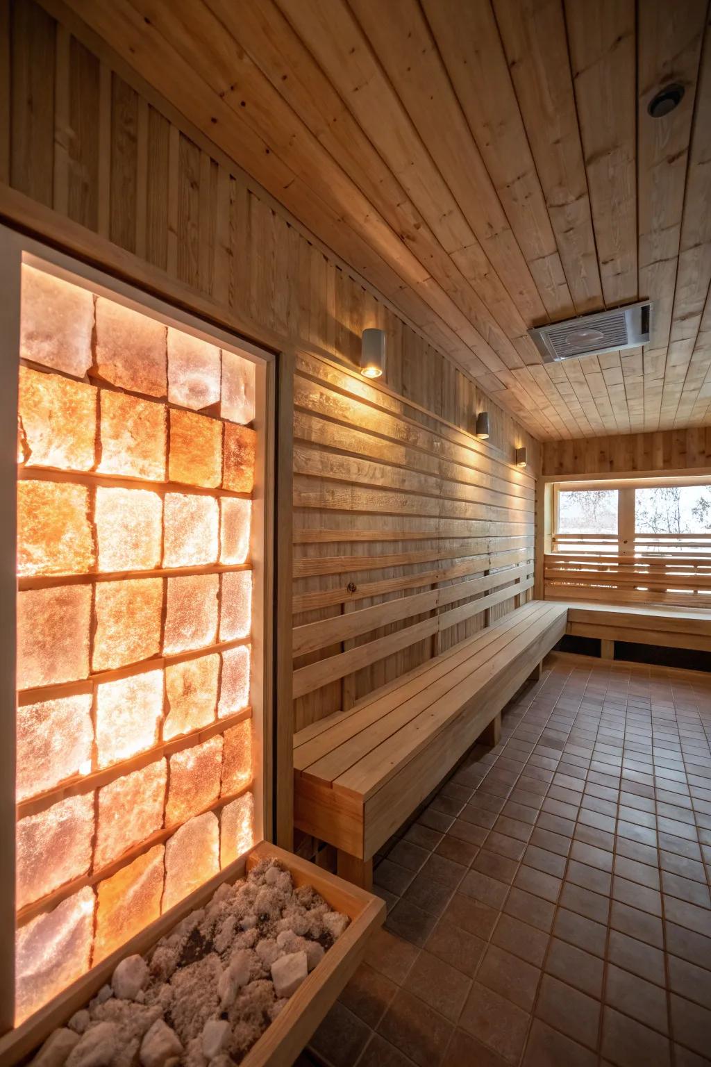 A salt wall brings health benefits and a serene glow to this sauna.