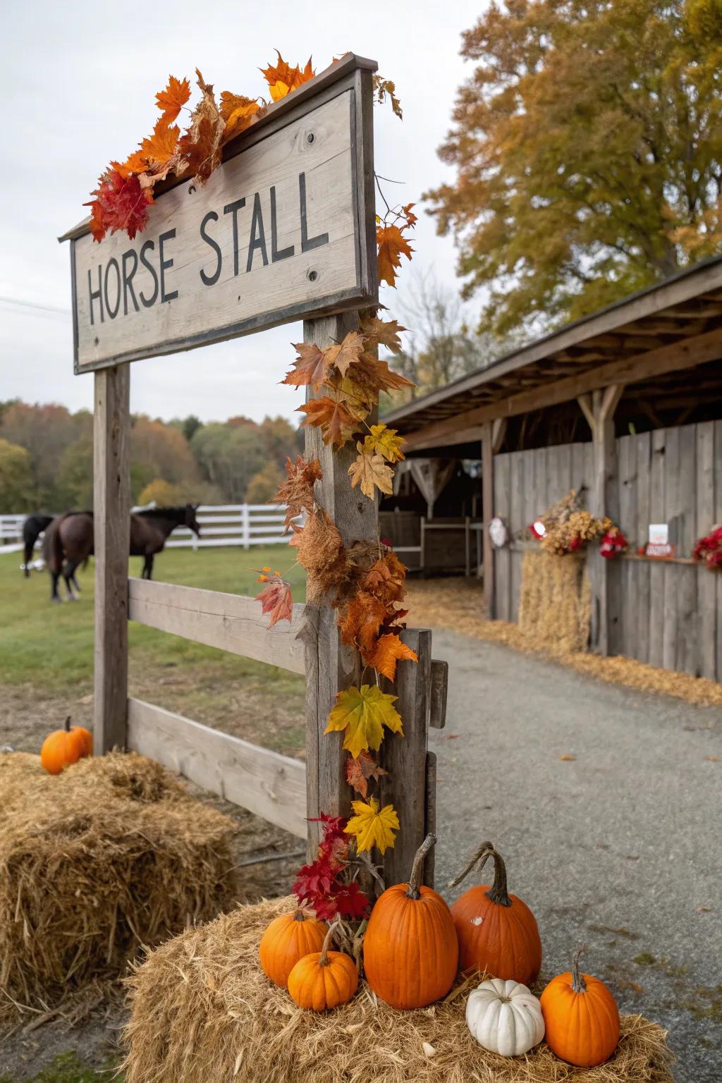 A horse stall sign with seasonal decorations.