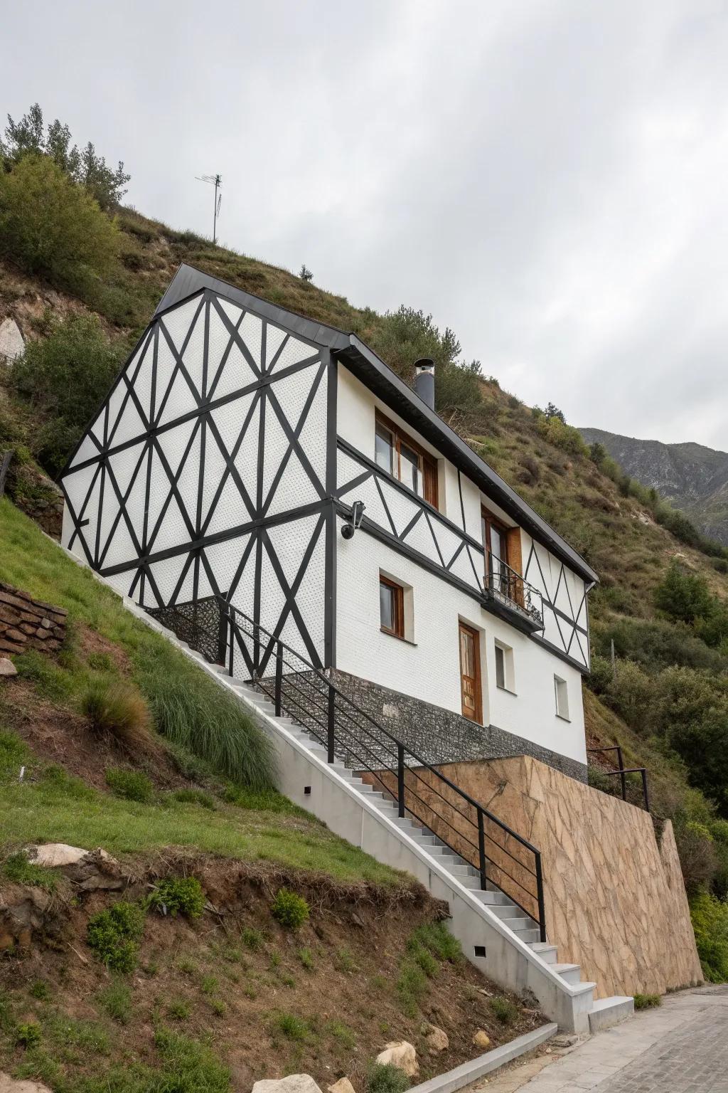 A bold geometric facade that adds an artistic touch to hillside living.