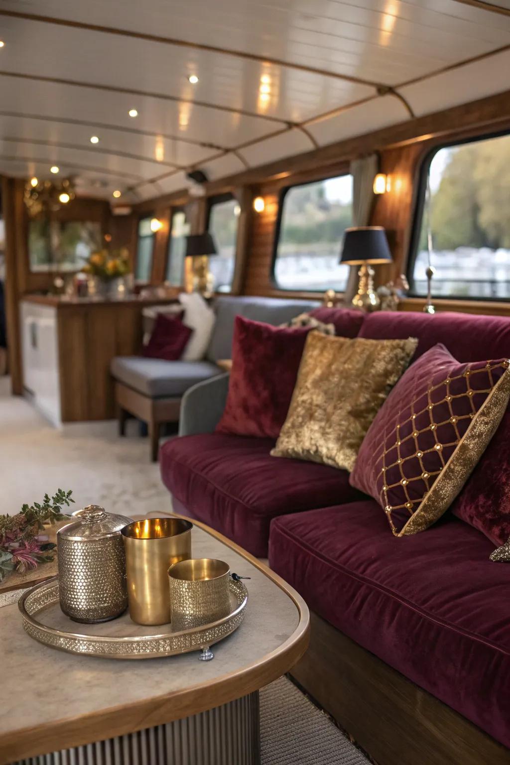 Elegant accessories add a touch of luxury to this houseboat.