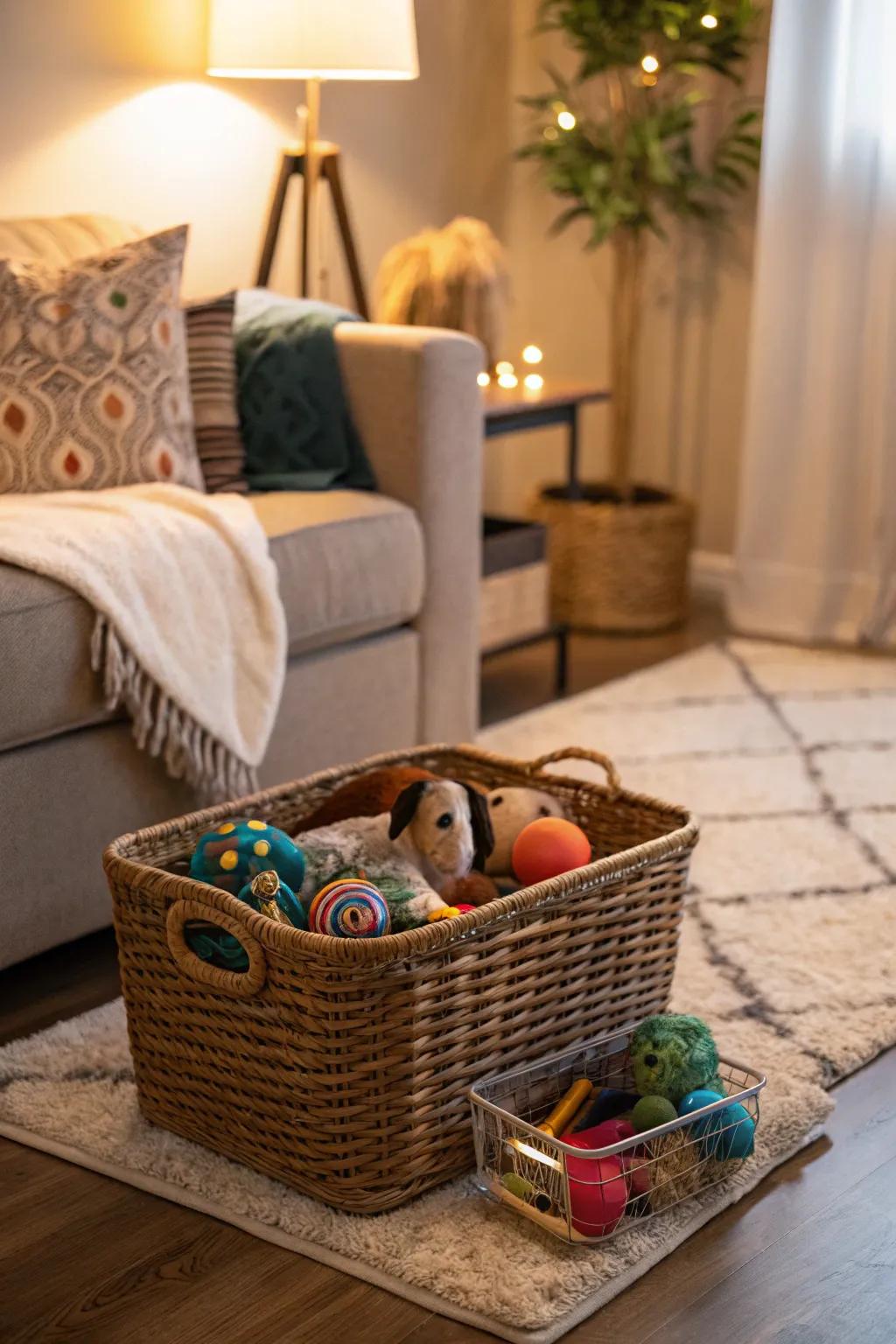 Baskets keep pet accessories organized and stylish.