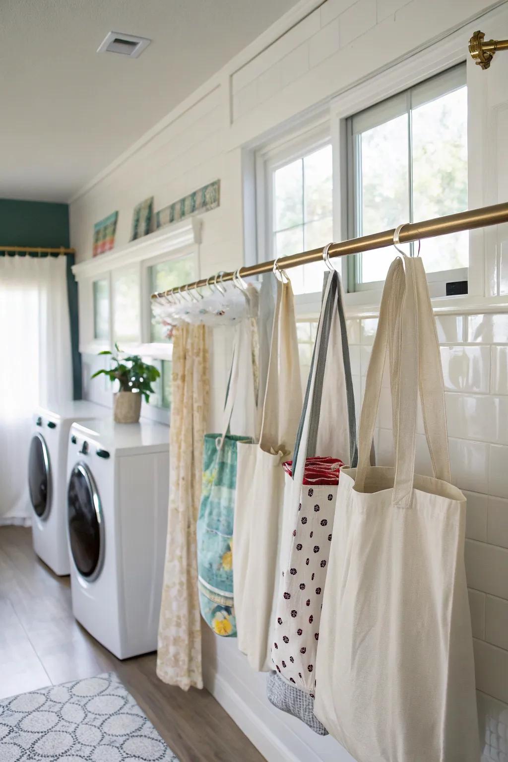 Drapery rods can double as a subtle bag display.