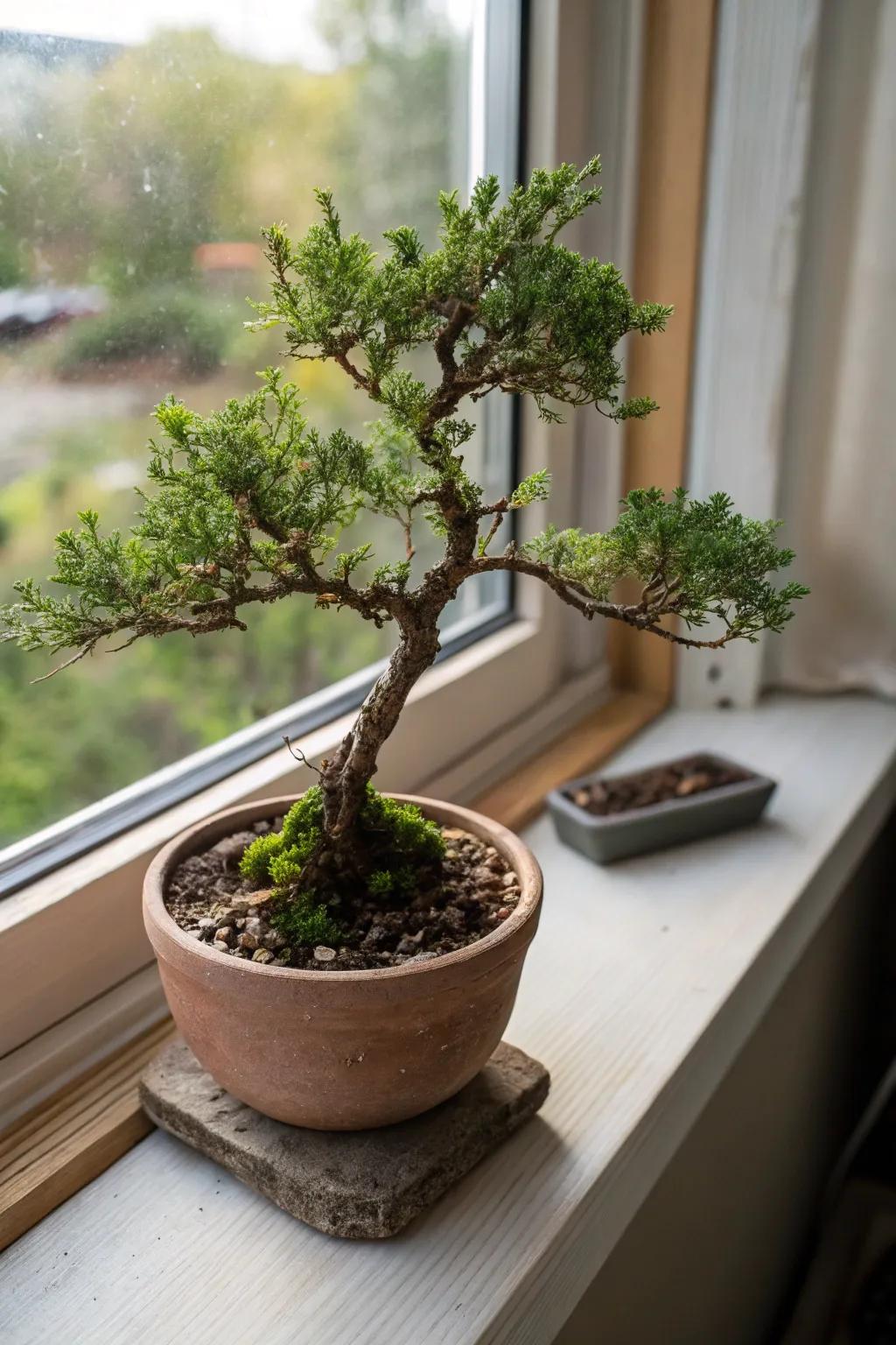A pocket style juniper bonsai adding charm to a windowsill within a small clay receptacle.