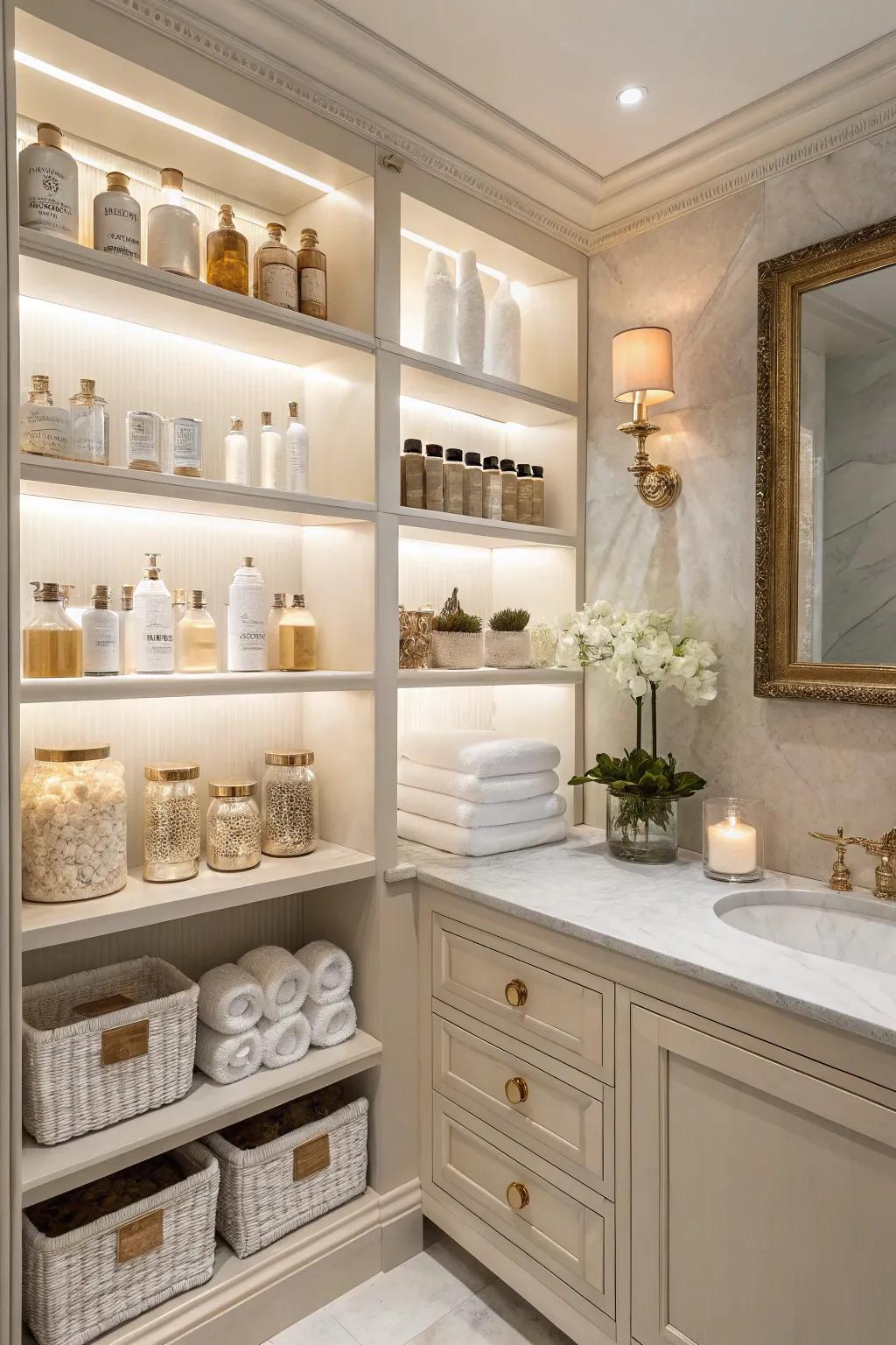 Open shelving adds practicality and elegance to a light bathroom.