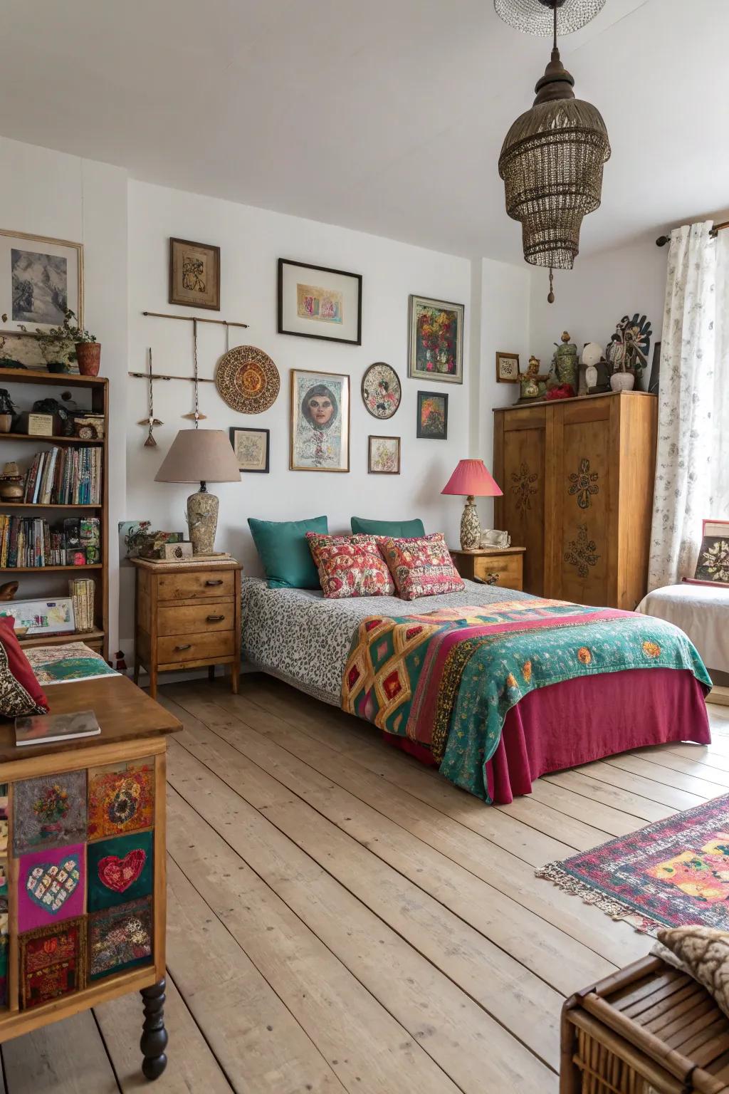 An eclectic mix designing a personalized space with pale timber floors.