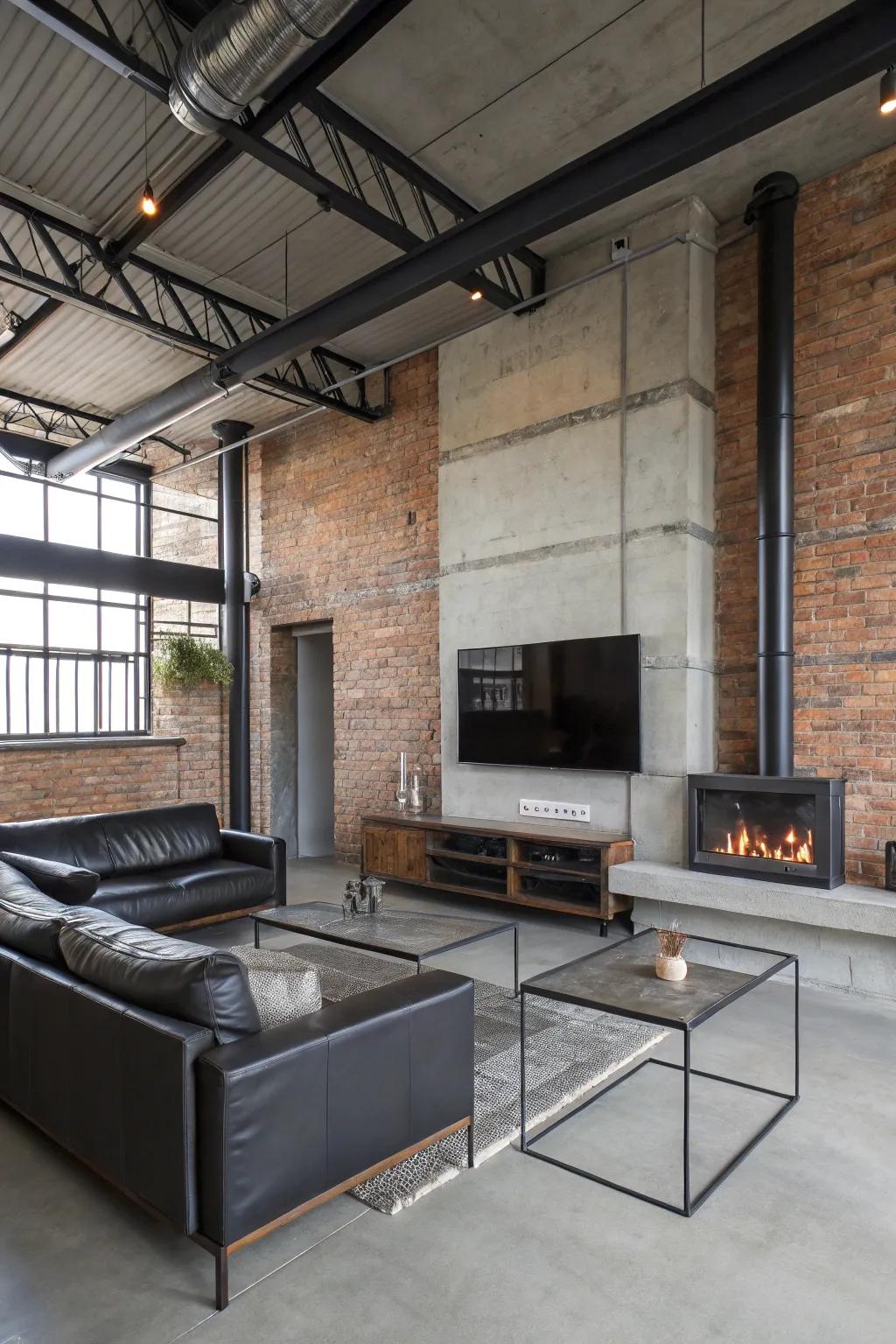 Industrial elements provide a modern, urban vibe.