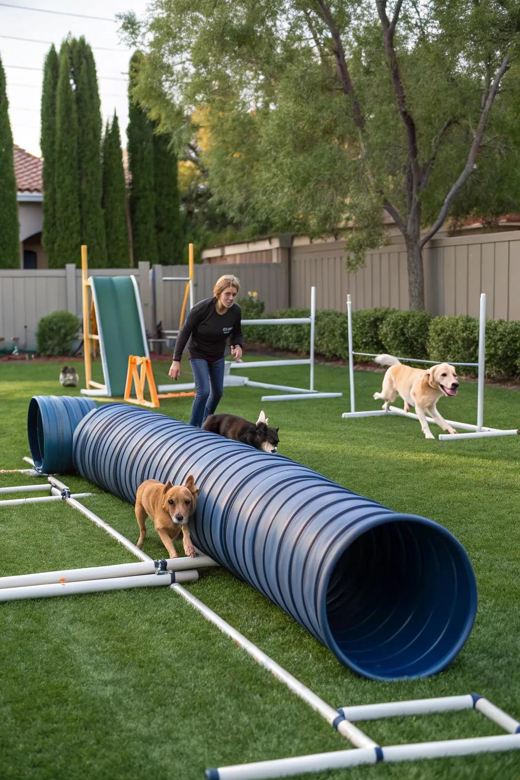 An engaging garden setup with agility elements for active pets.