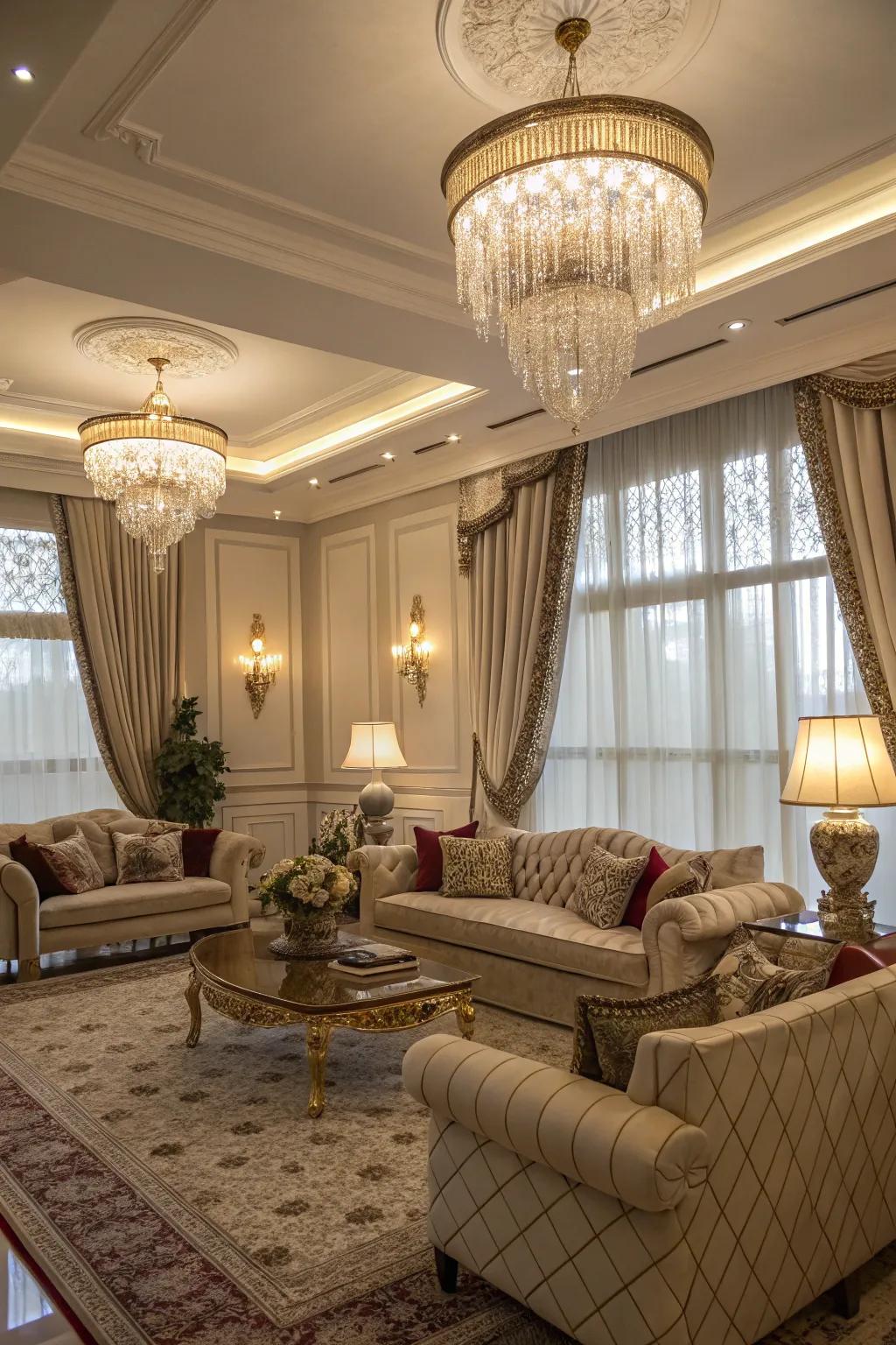 Layered lighting sets the perfect mood in this luxurious living room.