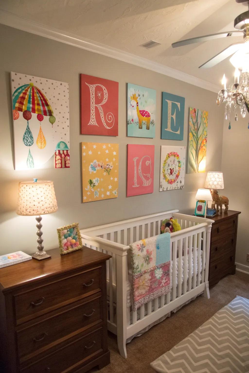 A nursery featuring personalized art pieces like a custom name sign and hand-painted canvases.