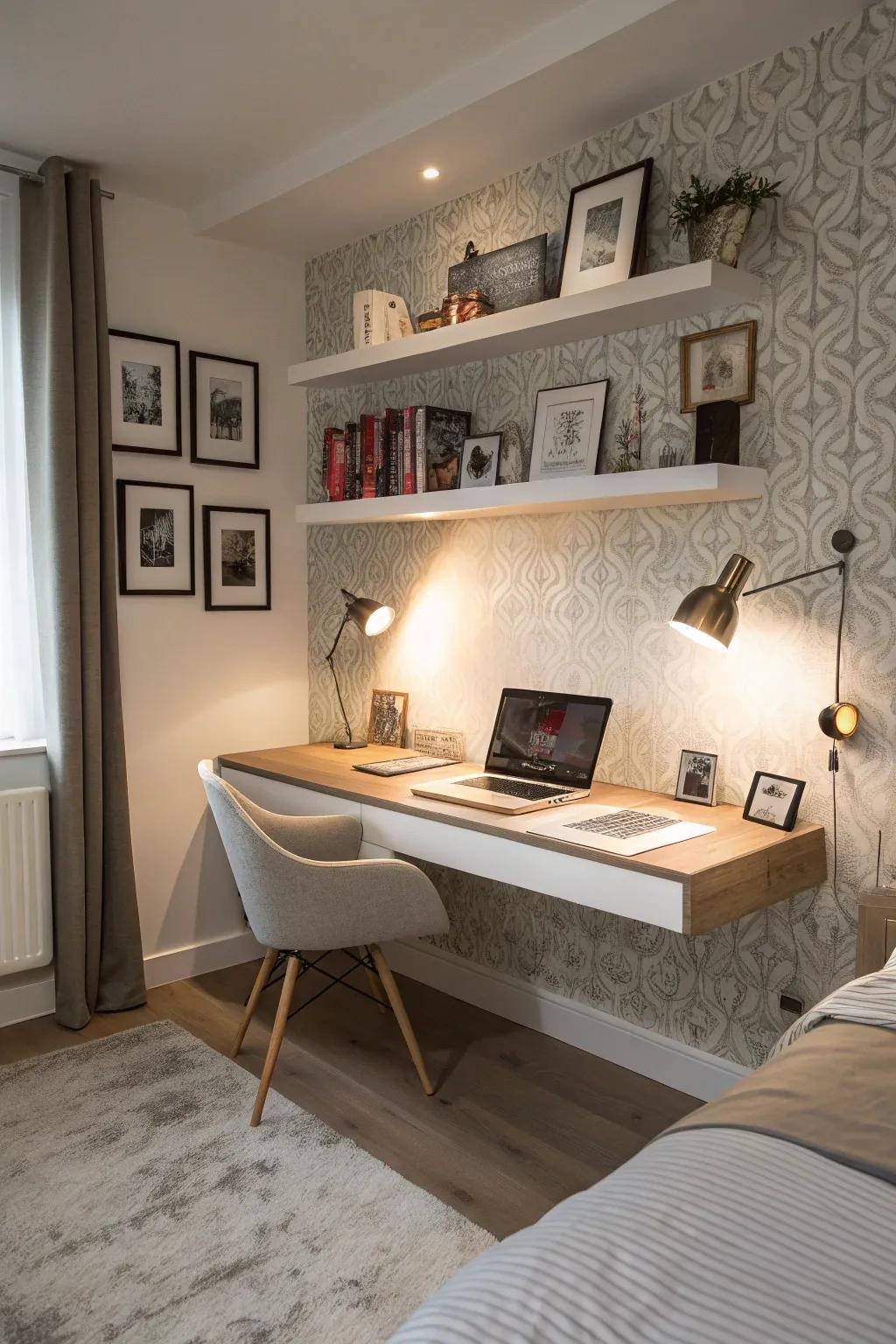 A bedroom with a sleek floating desk maximizing floor space.