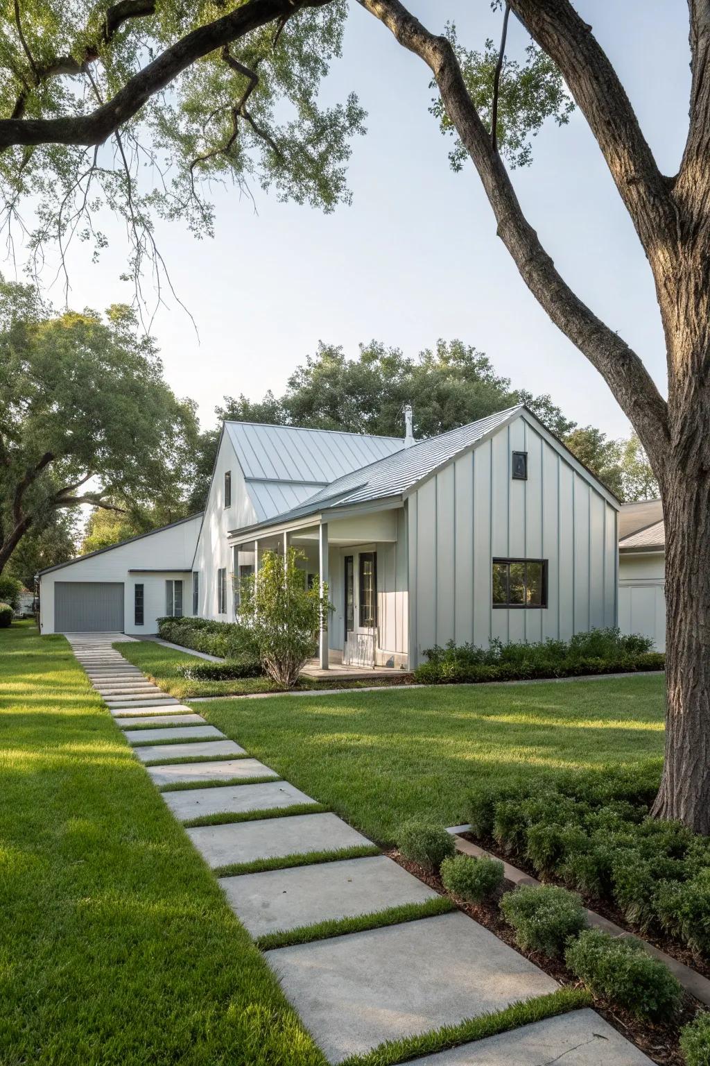 A tranquil neighborhood home with minimalist smooth metal cladding for a serene look.