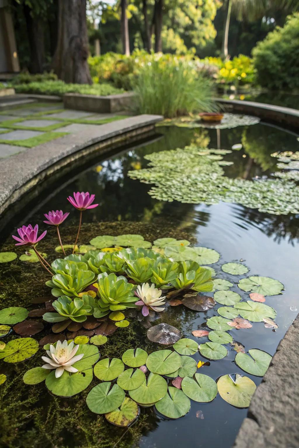 A vibrant mini pond showcasing a variety of aquatic plants.