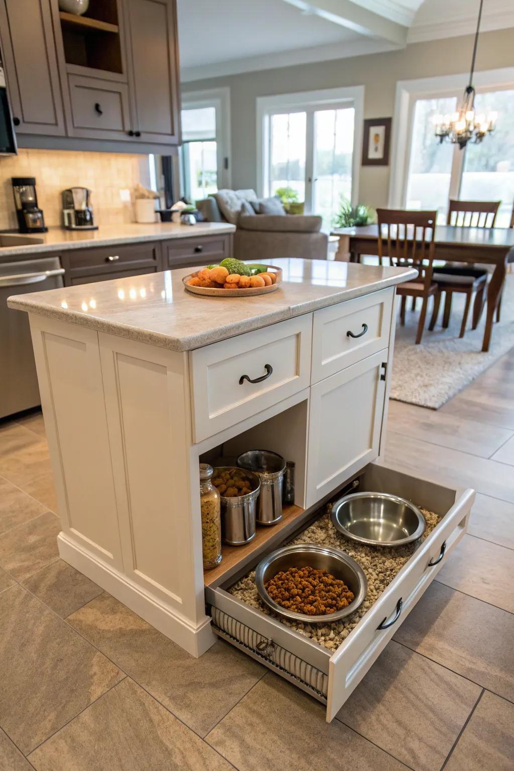 Innovative design with a pet-friendly kitchen island.