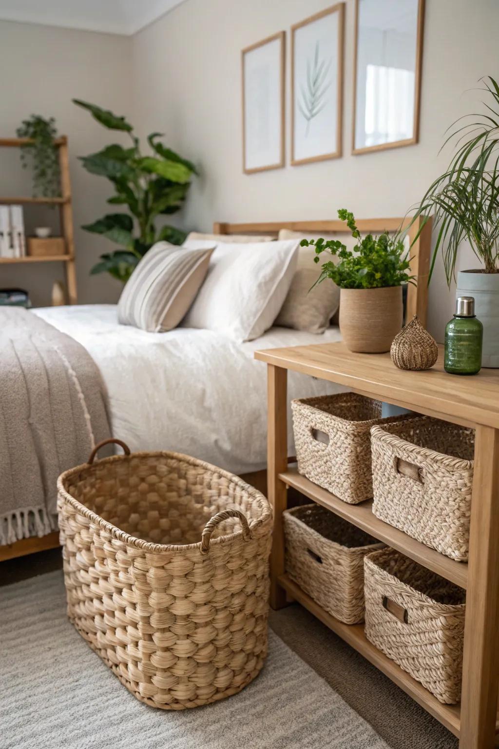 Woven baskets provide stylish storage in this modern farmhouse guest bedroom.