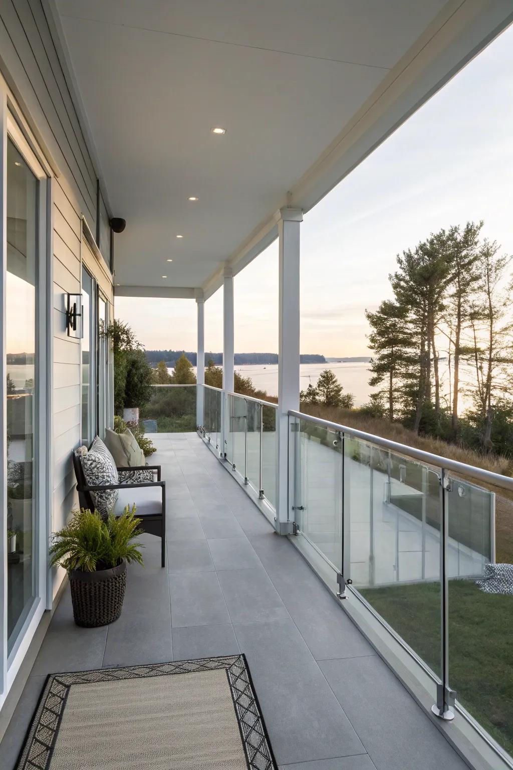 Glass railings add a contemporary touch and enhance the openness of the porch.