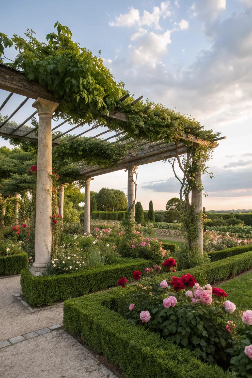 Pergolas offer shade and structure for a relaxing garden retreat.