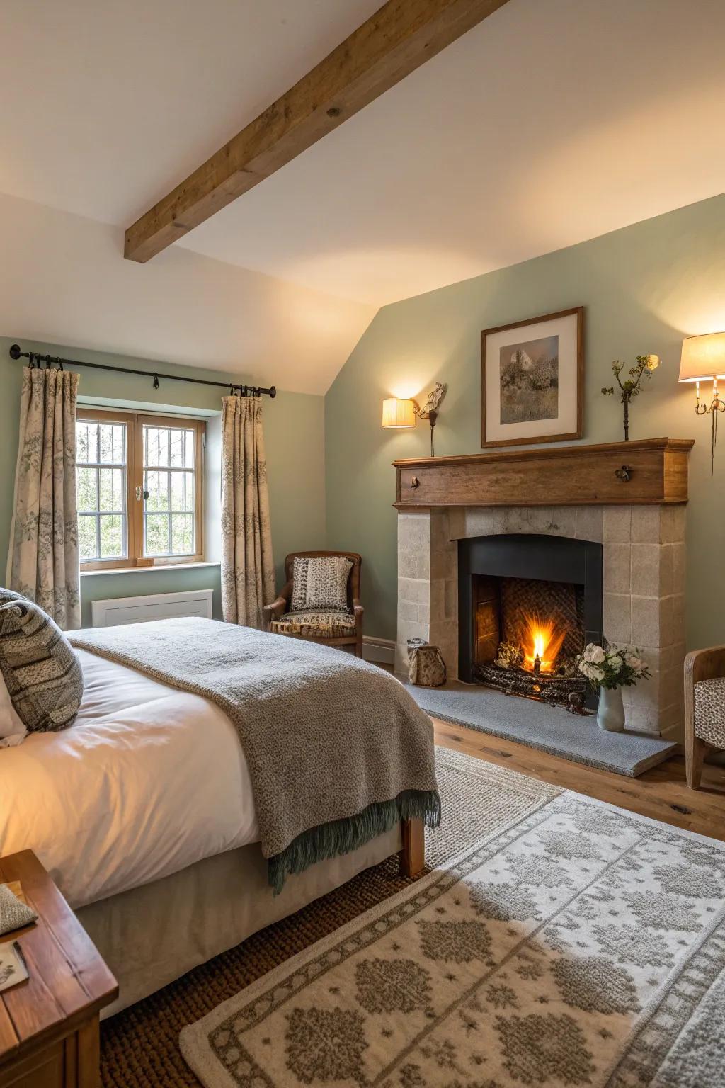 An intimate fireplace cultivates warmth and a central point in a modern Spanish bedroom.