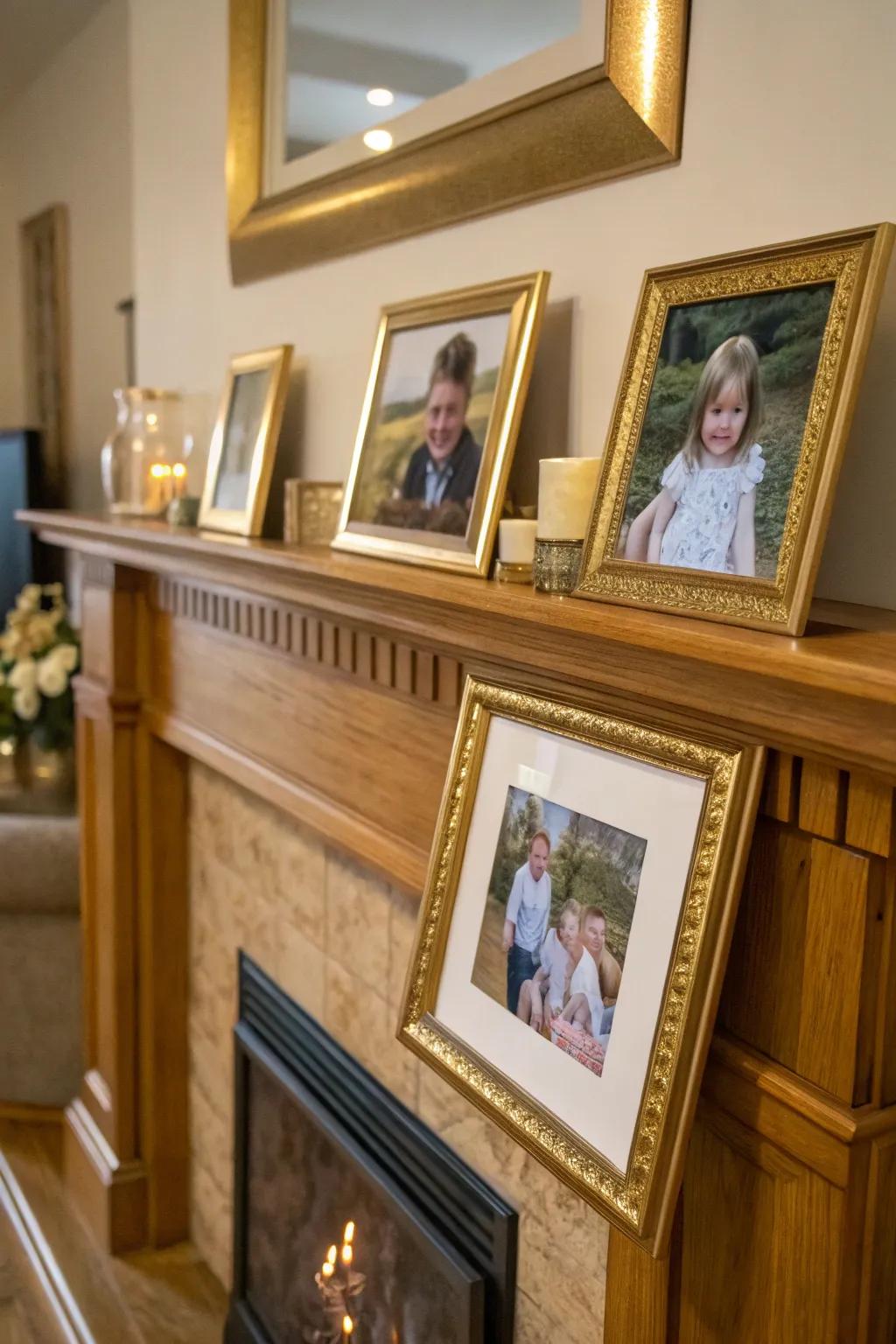 Photographic encasements appending warmth and a personalized element to the ornamental scheme.