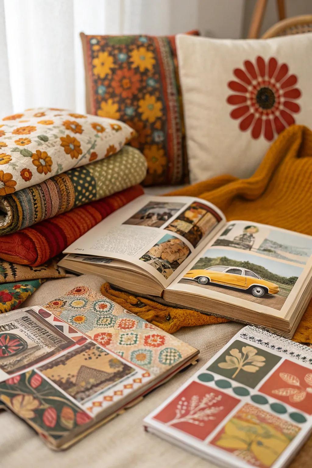 A retro mood board with vintage and nostalgic elements.