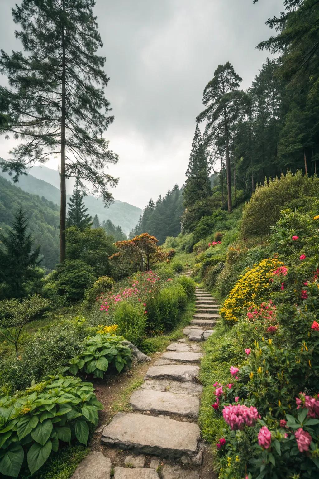 Whimsical stepping stone path directing through the garden.