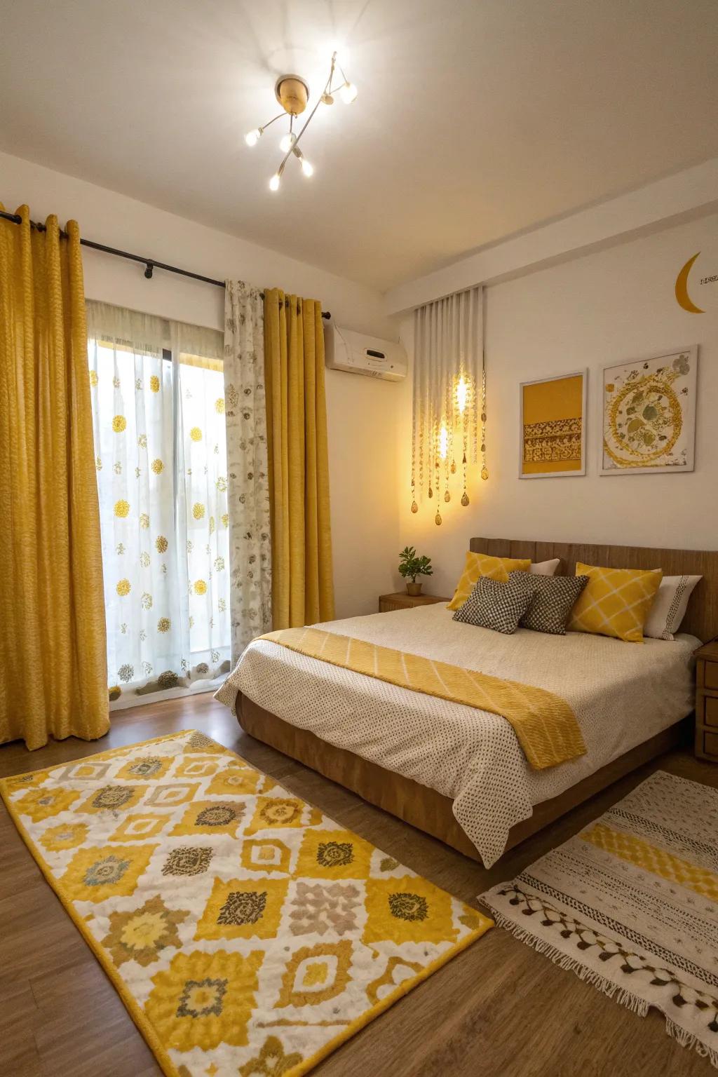 A bedroom with playful mustard yellow patterned rugs and curtains.