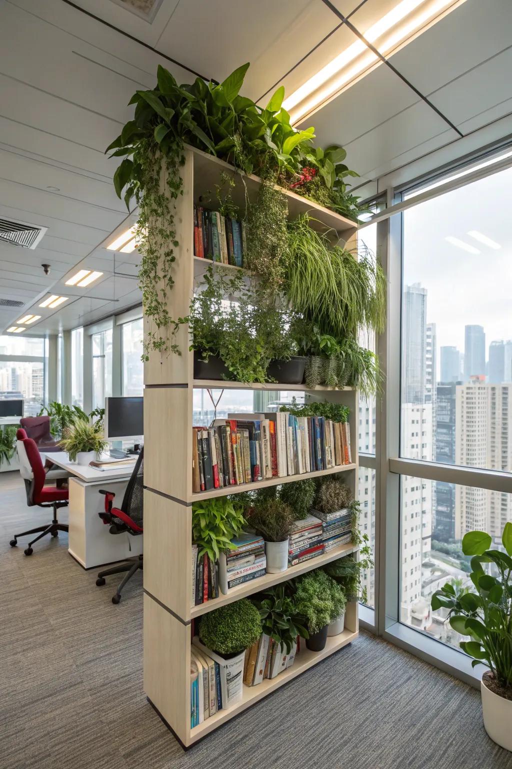 A multi-tiered plant and book display adds lushness and accessibility.