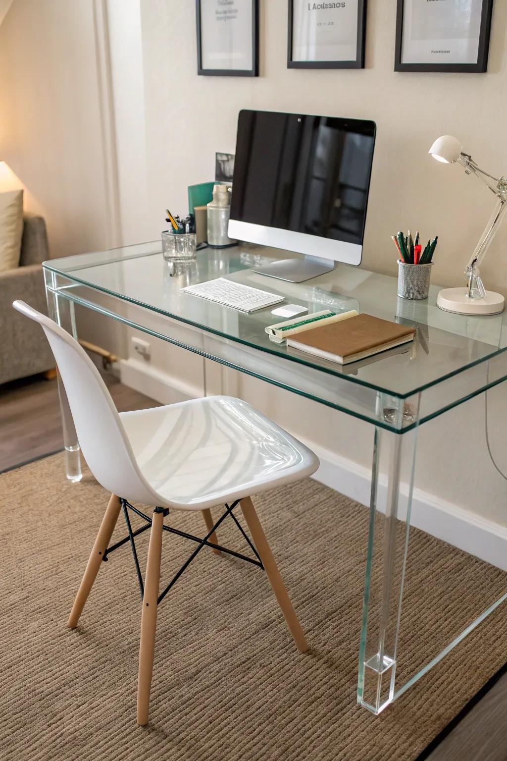 Choose transparent furnishings to give a small office an airy feel.