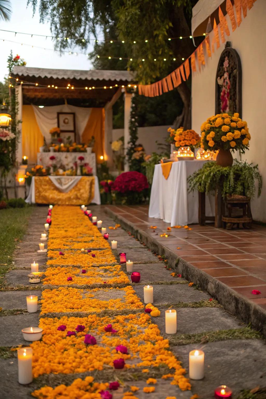 A path of flower petals guides spirits to your inviting ofrenda.